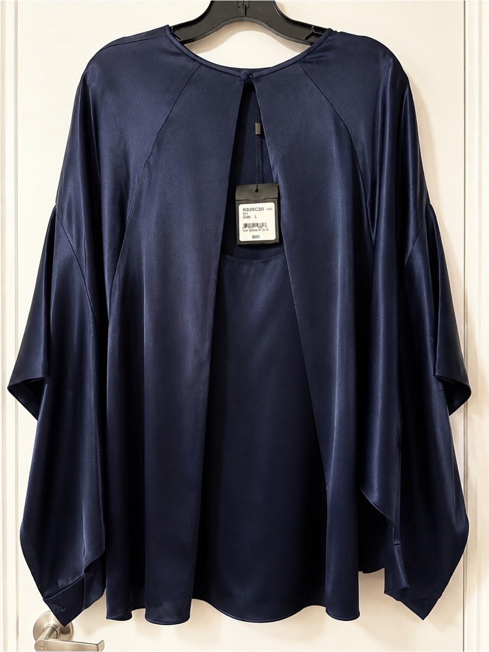 St. John Navy Silk Satin Draped Cape Blouse Poncho Top NWT Large